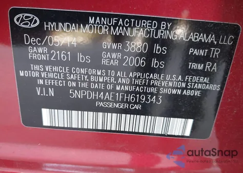 2015 Hyundai Elantra Se z USA, uszkodzony, nr VIN 5NPDH4AE1FH619343